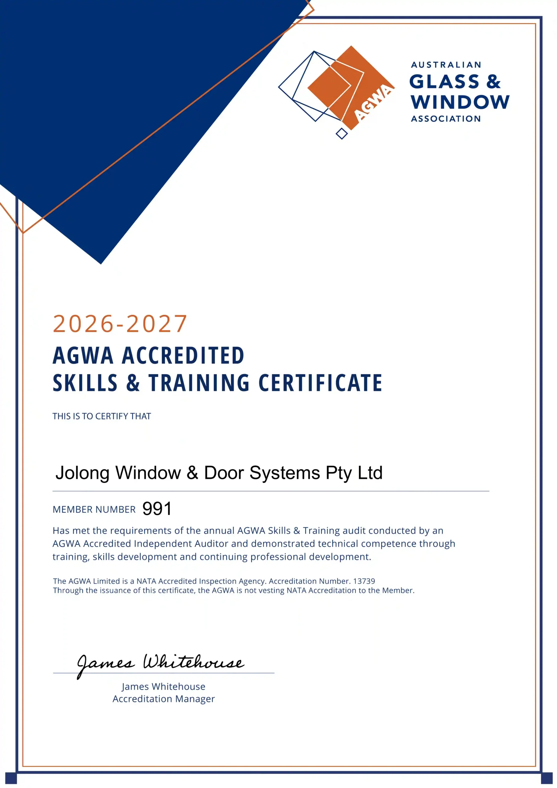 AGWA Accredited Skills & Training Certificate