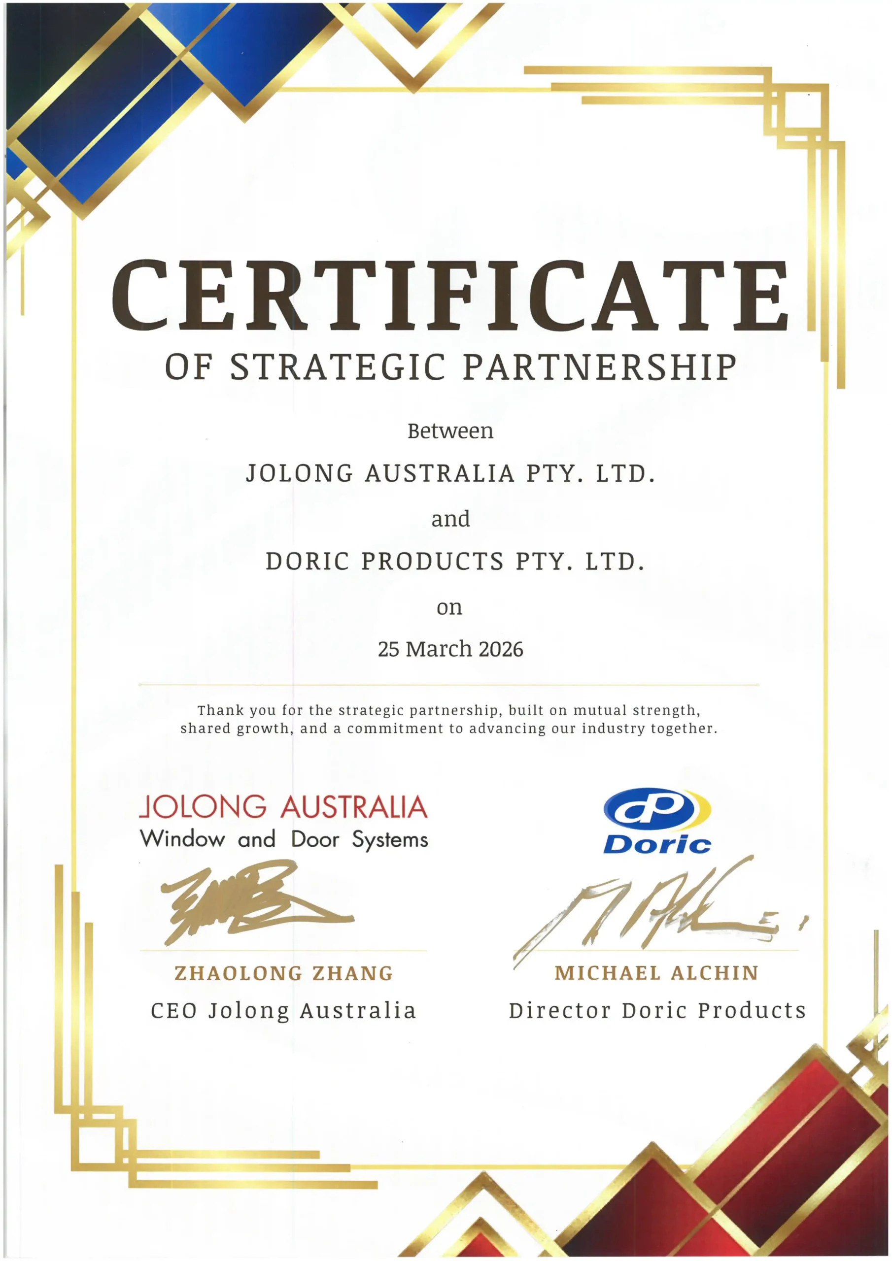 CERTIFICATE OF STRATEGIC PARTNERSHIP